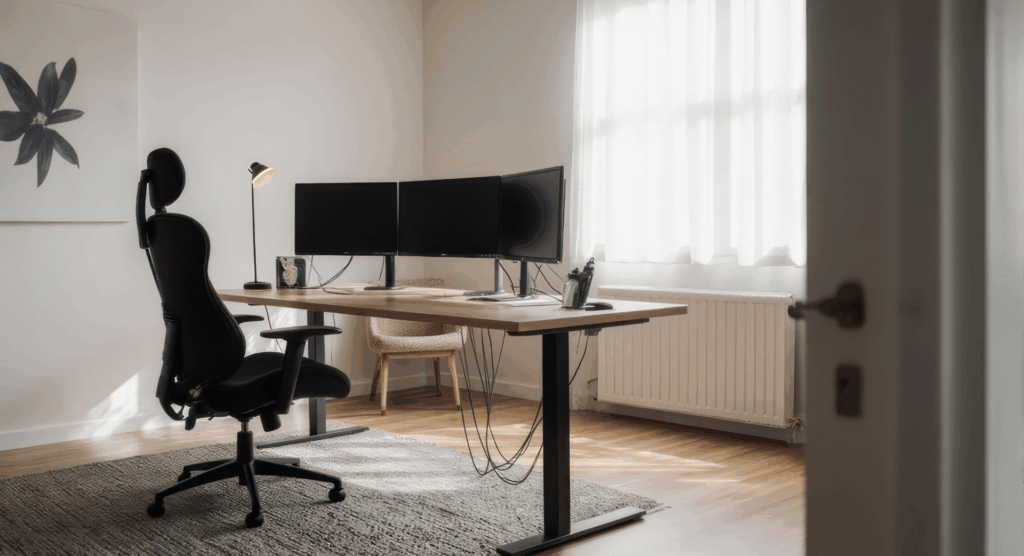 Scrivania ergonomica regolabile con postazione ordinata, ideale per migliorare l’organizzazione ufficio e la produttività.