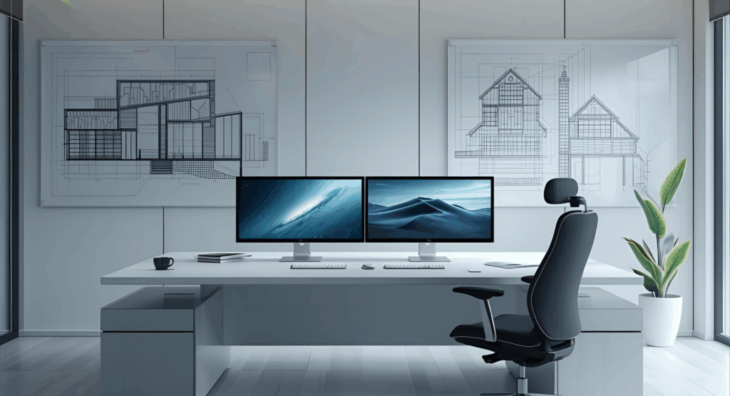 ostazione moderna per arredare studio tecnico con doppio monitor e scrivania ergonomica