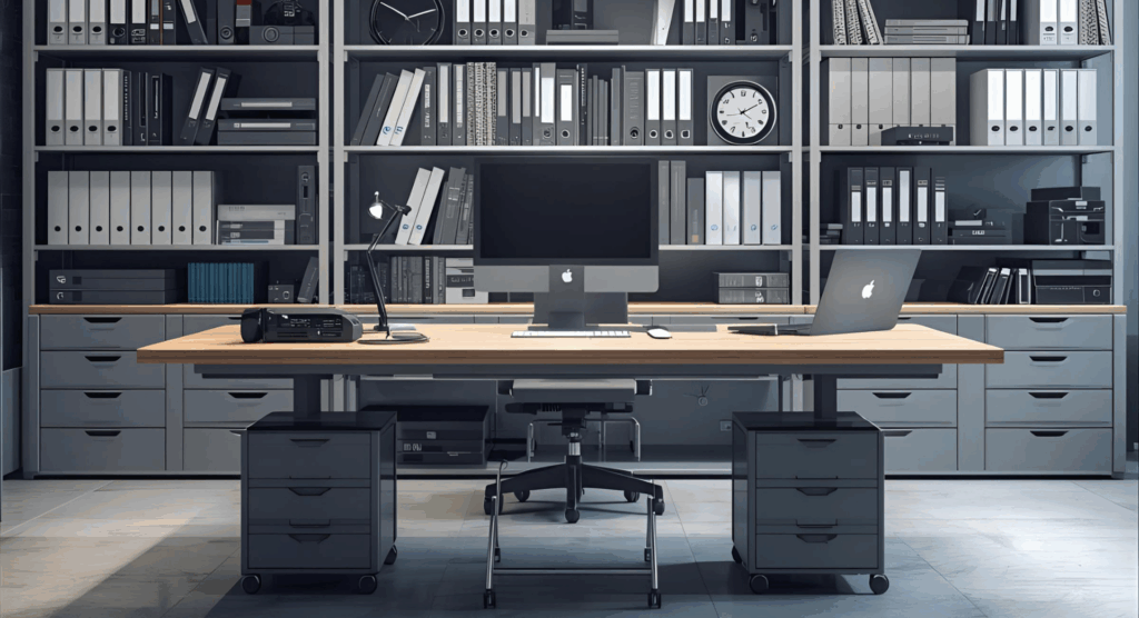 Scrivania regolabile e librerie modulari per arredare studio tecnico in modo produttivo