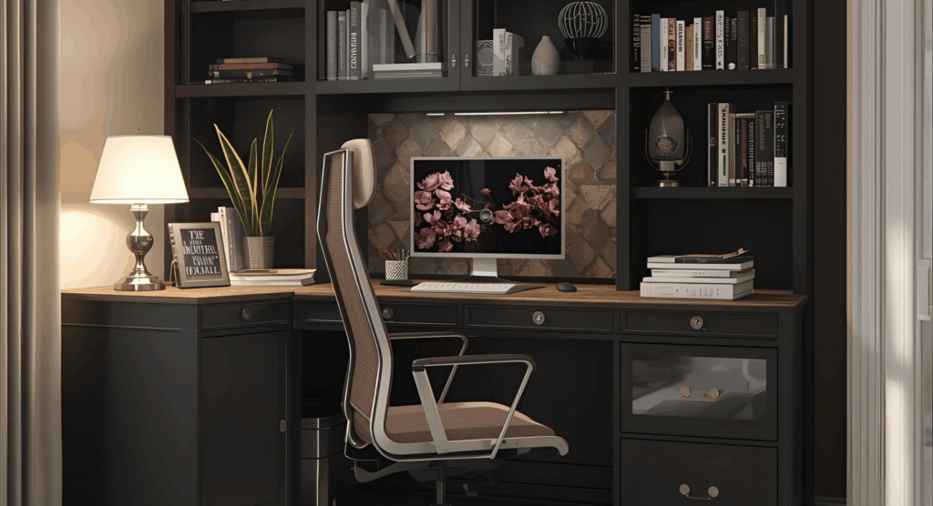 Angolo studio moderno e luminoso con scrivania minimal e sedia ergonomica.