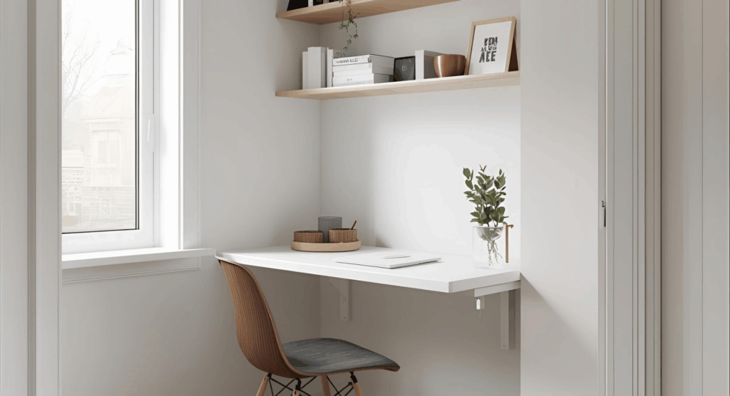 Piccolo spazio domestico trasformato in angolo studio con scrivania compatta e mensole.